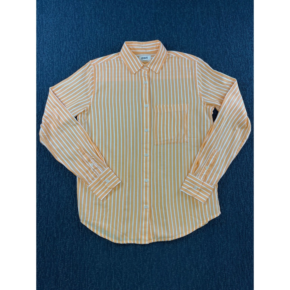 Pact Womens XS Orange White Striped Organic Cotton Button Down Long Sleeve Shirt